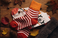 Pair of striped socks with autumn-themed design on a wooden surface with leaves and pinecones.