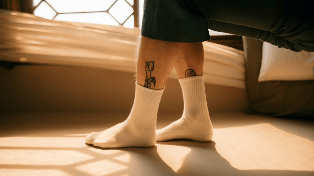 Person wearing white socks with a tattoo on their arm, standing in a softly lit room.